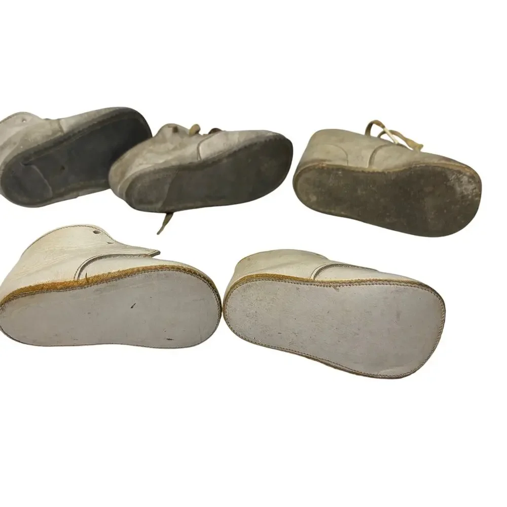 Vintage White Leather Baby Shoes Lot 1940s–1960s Keepsake Lace Up Doll Shoes
